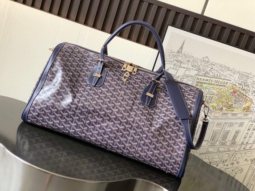 Goyard Croisiere 50 Duffle Bag Travel Gym Carry On Luggage Shoulder Strap Navy Blue 617