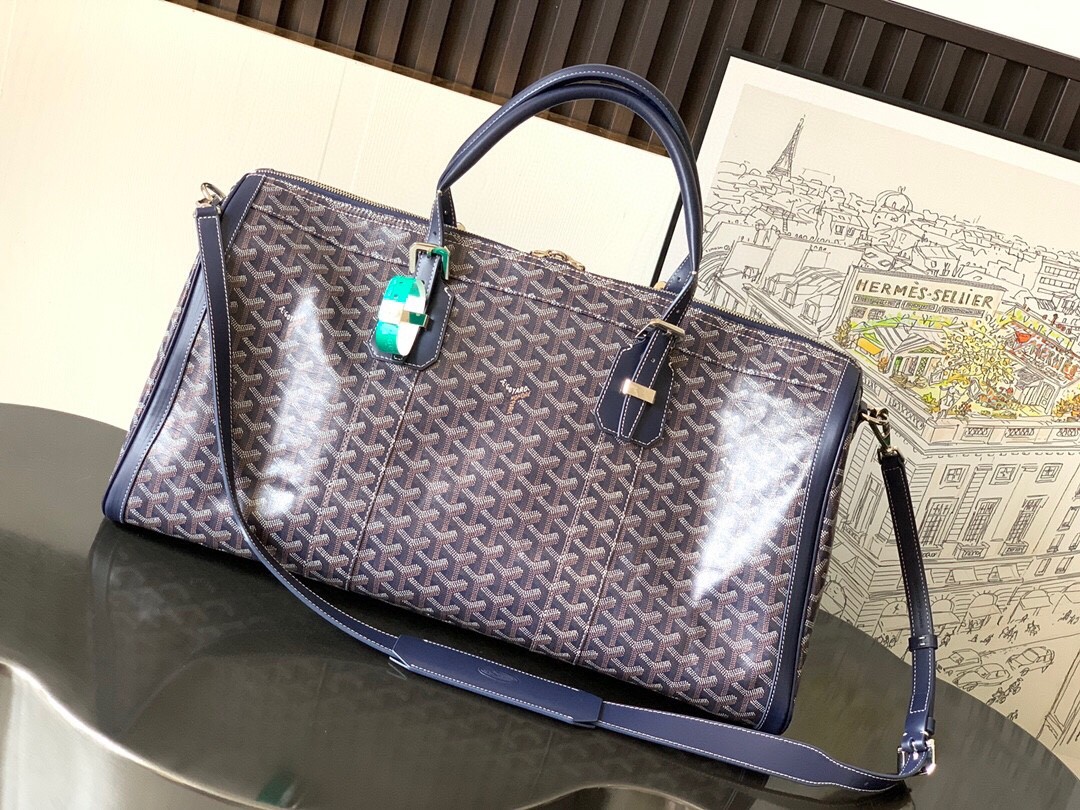 Goyard Croisiere 50 Duffle Bag Travel Gym Carry On Luggage Shoulder Strap Navy Blue 617